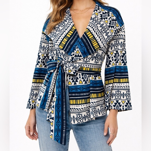 Cals Tops - CALS Boho Hooded Wrap Kimono Jacket Geometric Tie Waist Large